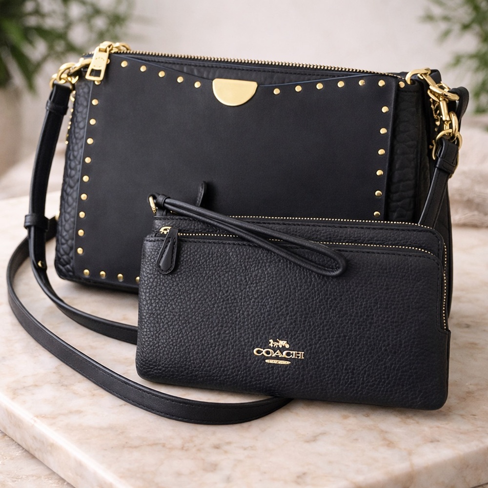 Coach Midnight Pebbled Leather Double-Zip Wristlet | Gold Hardware NWT $198 MSRP - Picture 4 of 16